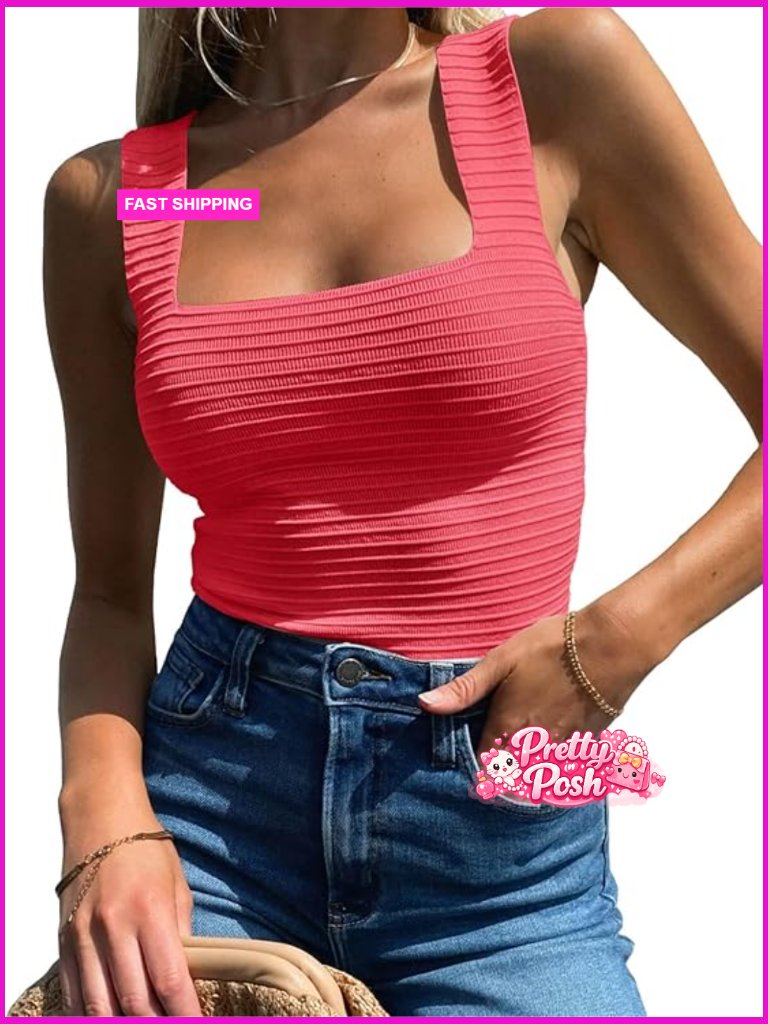 Ribbed Viscose Square Neck Tank Top Slim Fitted Summer Casual